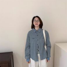 批发复古蓝色格子磨毛衬衫女2026春秋慵懒棉质长袖衬衣设计感外套上衣