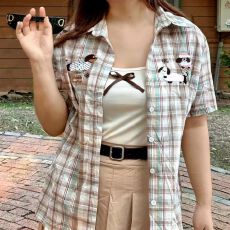 批发美式趣味小狗毛巾绣格子<b class='q'>短袖</b><b class='q'>衬衫</b>女夏季宽松休闲<b class='q'>衬衣</b>独特上衣