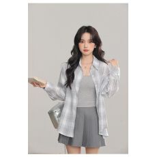 批发韩系chic纯棉格子衬衫女叠穿春秋款遮肉显瘦<b class='q'>长袖</b>衬衣<b class='q'>外</b>搭上衣ins