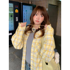 批发原版面料美式格子衬衫女<b class='q'>外套</b>春季宽松长袖翻领黄色外搭衬衣上衣