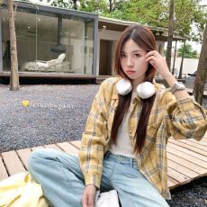 美式复古黄色磨毛格子衬衫女2026春秋宽松休闲长袖外搭开衫潮