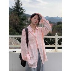 批发超仙松弛感褶皱格子衬衫女叠穿宽松显瘦长袖衬衣防晒<b class='q'>开衫</b>外穿上衣