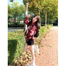 批发美式复古红色刺绣格子<b class='q'>衬衫</b>女潮牌长袖上衣hiphop高街秋季<b class='q'>衬衣</b>外套