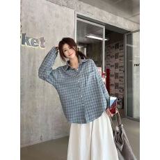 批发蓝色大格复古磨毛格子<b class='q'>衬衫</b>女款初秋穿搭宽松慵懒风长袖<b class='q'>衬衣</b>外套