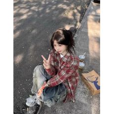 批发美式复古慵懒黑色磨毛格子衬衫外套女秋冬款宽松百搭<b class='q'>中长款</b>衬衣