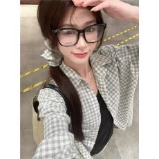 批发<b class='q'>韩版</b>宽松慵懒风防晒衬衫女夏薄款复古格子长袖衬衣外套小个子上衣