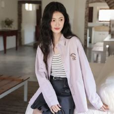 批发小马卡通刺绣<b class='q'>纯棉</b>衬衫女2026春季新款慵懒风宽松长袖翻领上衣