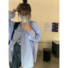 细条纹夏季蓝色衬衫长袖2026设计感小众宽松百搭衬衣打底上衣女
