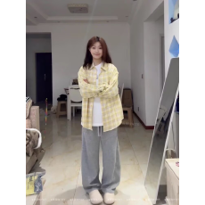 批发原版面料美式<b class='q'>格子衬衫</b>女外套春季宽松长袖翻领黄色外搭衬衣上衣