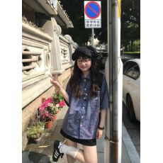 批发外穿短袖衬<b class='q'>衫</b>女宽松百搭显瘦情侣衬<b class='q'>衣</b>蓝色格纹男友风<b class='q'>格子</b>上衣