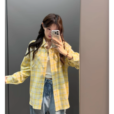 批发原版面料美式<b class='q'>格子</b>衬<b class='q'>衫</b>女外套春季宽松长袖翻领黄色外搭衬<b class='q'>衣</b>上衣