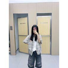 批发美式趣味小狗毛巾绣格子<b class='q'>短袖</b>衬衫女夏季宽松休闲衬衣独特上衣