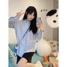 批发细条纹夏季蓝色衬衫长袖2026设计感小众宽松百搭衬衣打底上衣女