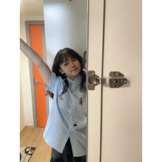 蓝色polo领刺绣短袖衬衫女夏季百搭别致格子衬衣