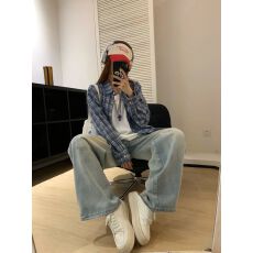 批发美式<b class='q'>街头</b>秋冬季休闲宽松设计感小众蓝色格纹长袖衬衫防晒上衣外穿