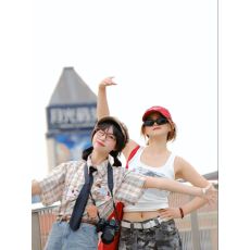 批发美式趣味小狗毛巾绣格子短袖<b class='q'>衬衫</b>女夏季宽松<b class='q'>休闲</b><b class='q'>衬衣</b>独特上衣