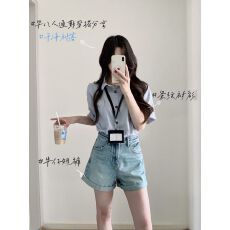 批发盐系松弛感条纹翻领短袖衬衫女夏季新款小众绝美小衫宽松显瘦上衣