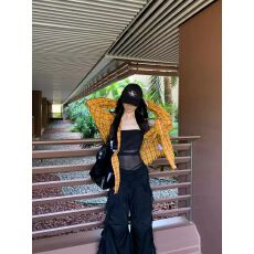 批发港味复古chic黄色格子衬衫女内搭叠穿宽松休闲百搭中长款衬衣外穿