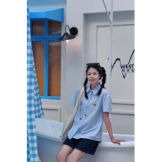 批发蓝色polo领刺绣短袖衬衫女夏季百搭别致格子衬衣