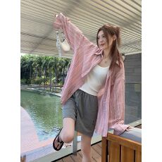 批发原版面料 新款条纹长袖防晒衬衫<b class='q'>女</b>秋季慵懒风<b class='q'>开衫</b>外套上衣