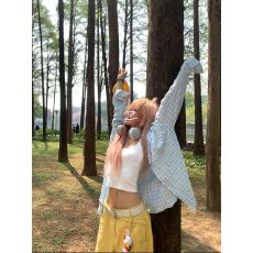 批发超仙松弛感褶皱格子衬衫女叠穿宽松显瘦长袖衬衣防晒<b class='q'>开衫</b>外穿上衣