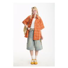 批发复古美式橙色设计格纹短袖<b class='q'>衬衫</b>男女宽松情侣格子<b class='q'>衬衣</b>百搭休闲外套