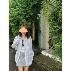 批发蓝色条纹polo领<b class='q'>长袖</b><b class='q'>衬衫</b>女装夏季薄款宽松防晒<b class='q'>衬衣</b>中长款上衣