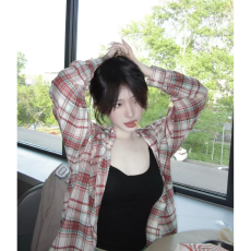 批发辣妹复古磨毛格纹长袖衬衫女<b class='q'>春</b>秋纯欲慵懒风宽松休闲格子衬衣上衣