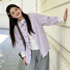 批发纯棉港味紫色<b class='q'>衬衫</b>女春秋季2026宽松拼接条纹<b class='q'>长袖</b><b class='q'>衬衣</b>设计感上衣