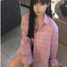 美式复古粉色格纹少女感衬衫外套女春秋休闲韩系chic港味上衣外套