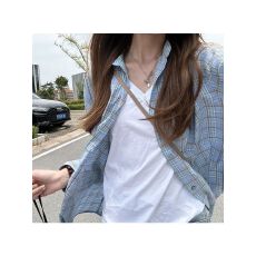 批发美式复古蓝色格子<b class='q'>衬衫</b>女早春字母刺绣<b class='q'>长袖</b><b class='q'>衬衣</b>情侣宽松休闲上衣潮