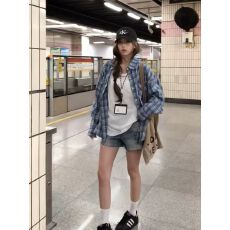 批发美式街头秋<b class='q'>冬</b>季休闲宽松设计感小众蓝色格纹长袖衬衫防晒上衣外穿