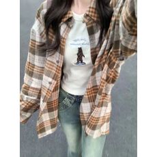 批发复古chic高档卡其色格子衬衫外套女秋<b class='q'>冬</b>款韩系慵懒风长袖衬衣外穿