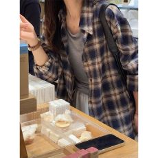 批发磨毛藏青色格子韩系外套长袖衬衣新款复古衬衫慵懒宽松上衣休闲