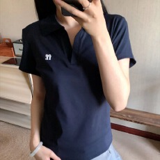 批发韩系刺绣V领正肩POLO衫<b class='q'>t</b><b class='q'>恤</b>女夏季修身收腰<b class='q'>翻领</b>运动学院风短袖上衣