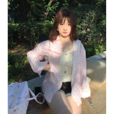 批发国潮牌粉色格子POLO领防晒衬衫女春夏开衫设计感修身显瘦百搭衬衣