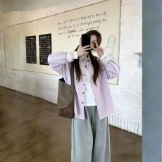 批发纯棉港味紫色衬衫女春秋季2026宽松拼接条纹长袖衬衣设计感<b class='q'>上衣</b>