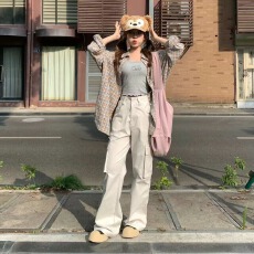 批发原版面料复古格子衬衫女夏季设计感小众宽松休闲长袖防晒<b class='q'>上衣</b>外套