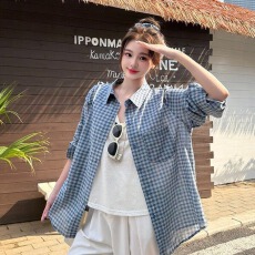 批发韩版宽松慵懒风防晒<b class='q'>衬衫</b>女夏薄款复古格子<b class='q'>长袖</b><b class='q'>衬衣</b>外套小个子上衣