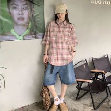 批发官图美式复古撞色格子短袖衬衫女夏季宽松情侣百搭衬衣女