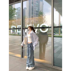 批发蓝色条纹polo领长袖衬衫女装夏季薄款宽松防晒衬衣中长款上衣