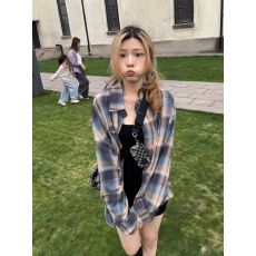 批发2026初秋美式慵懒风格子衬衫外套女秋冬季衬衣小个子长袖上衣