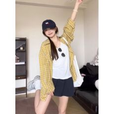批发原版面料黄色格子衬衫上衣女2026新款夏季薄款慵懒风休闲宽松