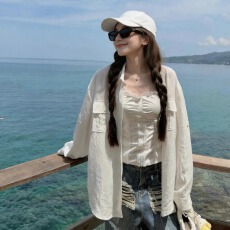 批发老钱风松弛感仿亚麻白色<b class='q'>衬衫</b>上衣女法式极简天丝微透轻薄防晒外套