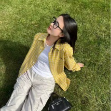 批发原版面料黄色<b class='q'>格子</b>衬衫上衣女2026新款夏季薄款慵懒风休闲宽松