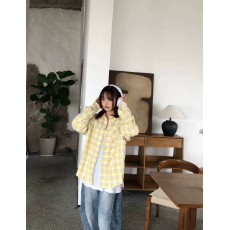 批发原版面料美式格子<b class='q'>衬衫女</b>外套春季宽松<b class='q'>长袖</b>翻领黄色外搭衬衣上衣