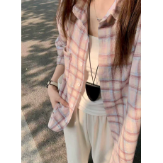 批发韩系chic纯棉格子<b class='q'>衬衫女</b>叠穿春秋款遮肉显瘦<b class='q'>长袖</b>衬衣外搭上衣ins
