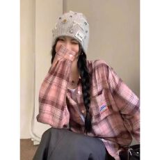 批发粉色磨毛衬衫女高级感新款2026年秋季<b class='q'>格子</b>中长款宽松长袖上衣