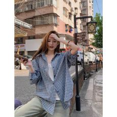 批发韩版宽松慵懒风防晒衬衫<b class='q'>女</b>夏薄款复古格子长袖衬衣外套小个子上衣
