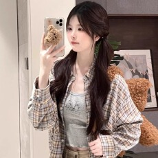 批发原版面料复古格子<b class='q'>衬衫</b>女夏季设计感小众宽松休闲<b class='q'>长袖</b>防晒上衣外套